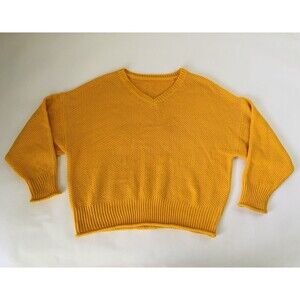 Chunky Knit Sweater Women S Mustard Yellow Oversized Balloon Sleeve VNeck Warm